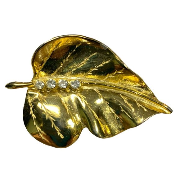 Rare Unique Vintage Gold tone and Rhinestone Leaf Brooch - Picture 1 of 4